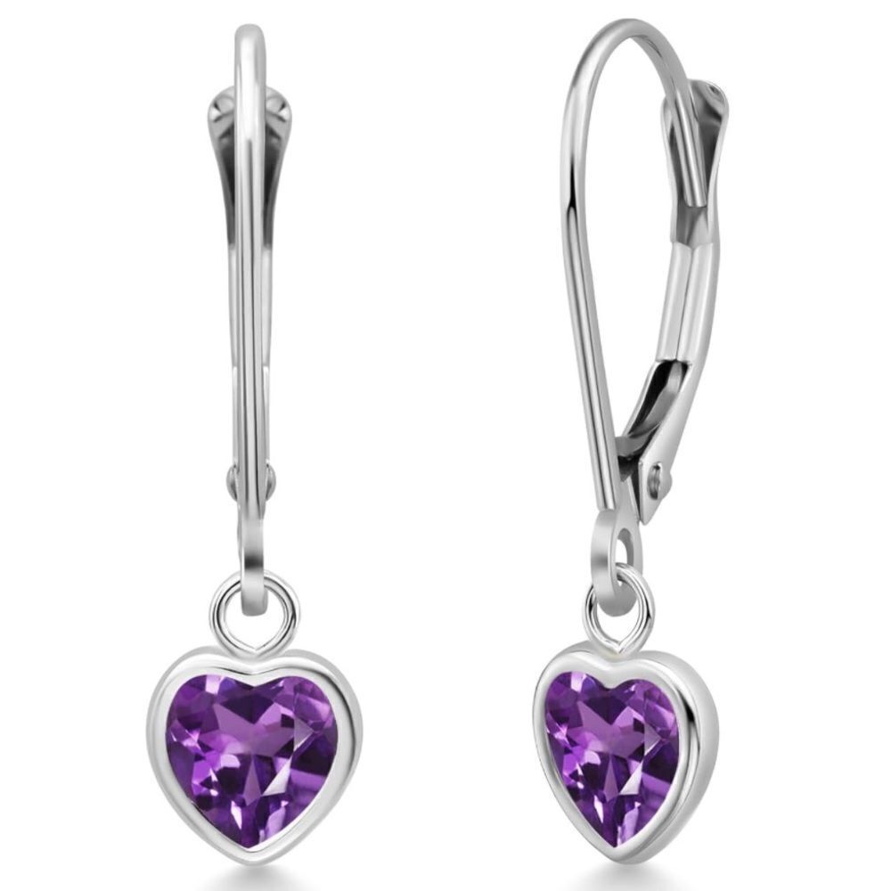 925 Sterling Silver 1.60 Cttw Purple Amethyst Heart Leverback Drop Earrings